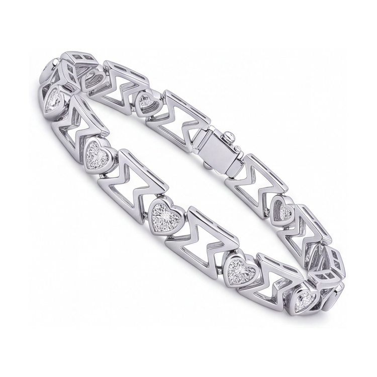 Bracelet en diamants de laboratoire 5 carats à maillons chevron cœur en or blanc 14 carats 7 pouces