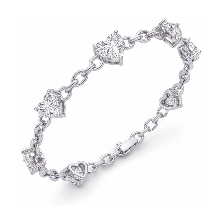 Bracelet Station Cœur en Diamants de laboratoire 3 Carats en Or Blanc 14 Carats, 7 Pouces
