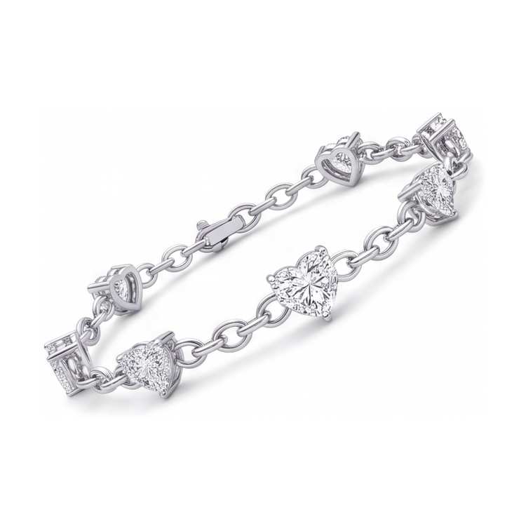 Bracelet Station Cœur en Diamants de laboratoire 3 Carats en Or Blanc 14 Carats, 7 Pouces