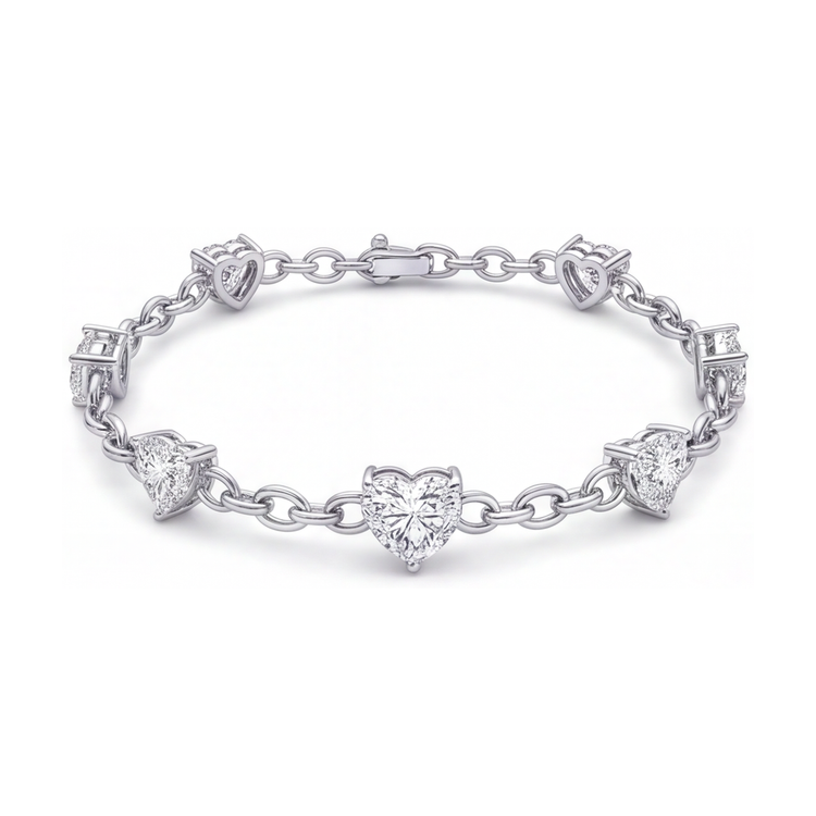Bracelet Station Cœur en Diamants de laboratoire 3 Carats en Or Blanc 14 Carats, 7 Pouces