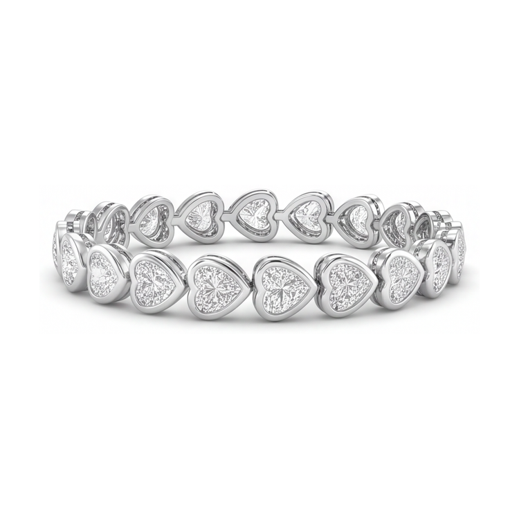 Bracelet Tennis en Diamants de Laboratoire 8 Carats Lunette Cœur Or Blanc 14K 7 Pouces