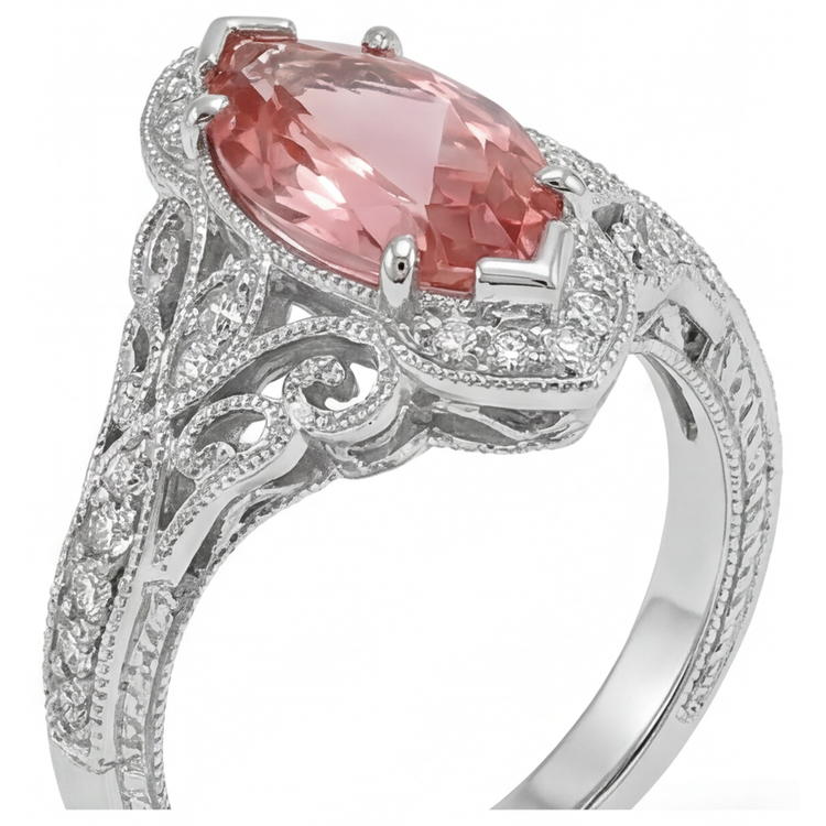 Bague de Fiançailles Saphir Pêche de laboratoire taille Marquise de 3,8 Carats avec Halo Padparadscha en Or Blanc 14 carats
