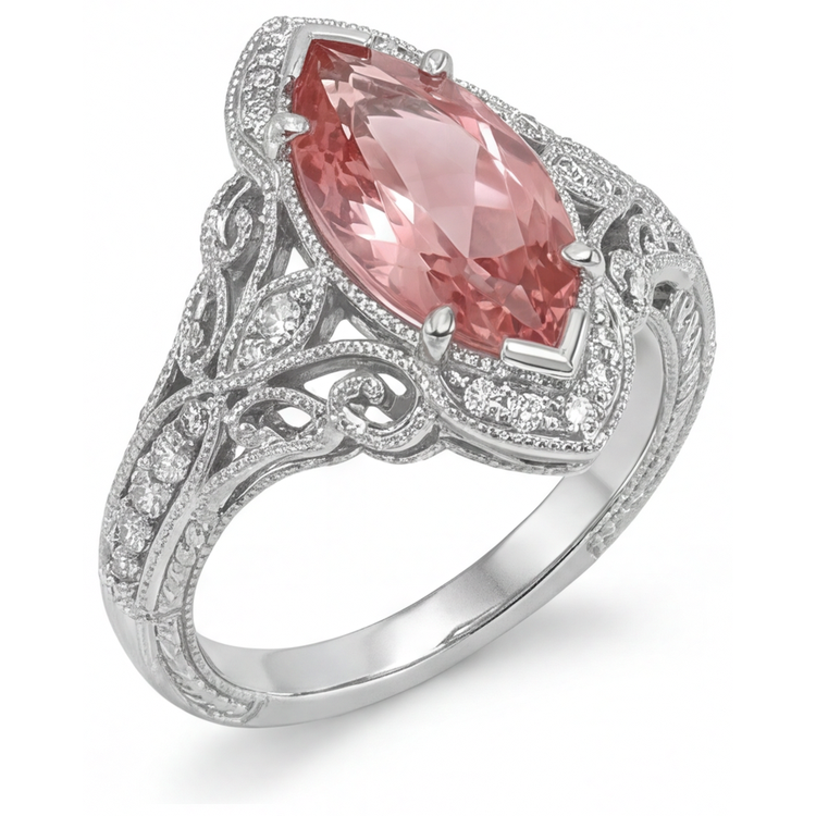 Bague de Fiançailles Saphir Pêche de laboratoire taille Marquise de 3,8 Carats avec Halo Padparadscha en Or Blanc 14 carats