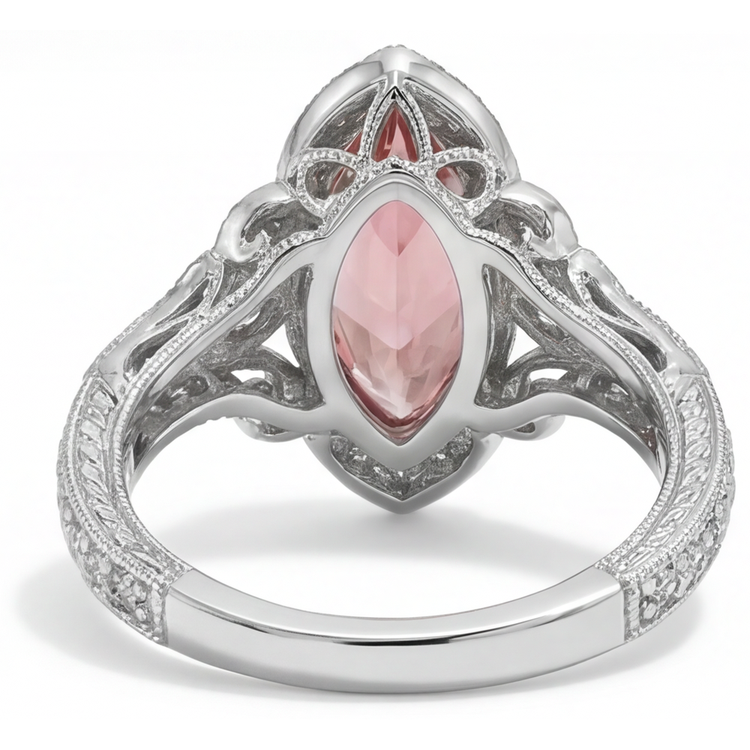 Bague de Fiançailles Saphir Pêche de laboratoire taille Marquise de 3,8 Carats avec Halo Padparadscha en Or Blanc 14 carats