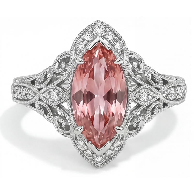 Bague de Fiançailles Saphir Pêche de laboratoire taille Marquise de 3,8 Carats avec Halo Padparadscha en Or Blanc 14 carats