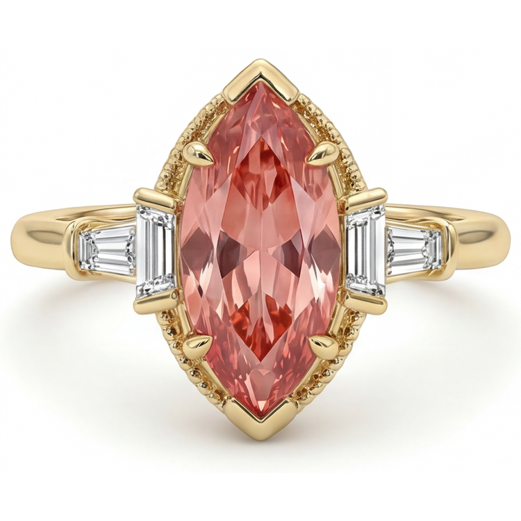 Bague de Fiançailles Saphir Pêche de laboratoire de 4.1 carats, monture cathédrale à trois pierres avec Saphir Padparadscha marquise et Diamant baguette blanc, en Or Jaune 14 carats