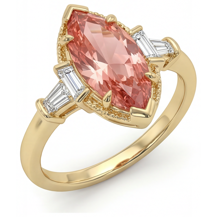 Bague de Fiançailles Saphir Pêche de laboratoire de 4.1 carats, monture cathédrale à trois pierres avec Saphir Padparadscha marquise et Diamant baguette blanc, en Or Jaune 14 carats