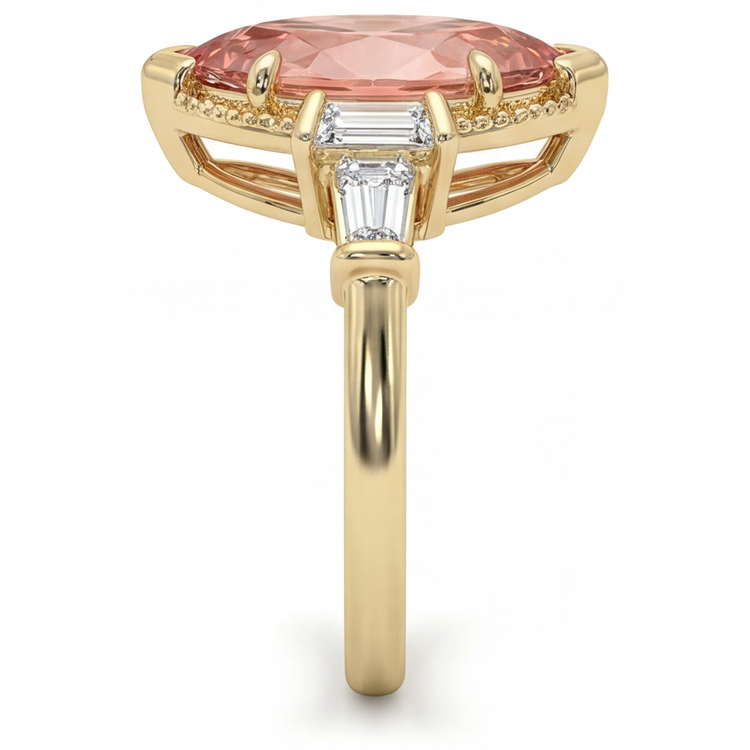 Bague Saphir Padparadscha de laboratoire de 4.1 Carats, taille Marquise et Baguettes Blanches, trois pierres, unie, Or Jaune 14K