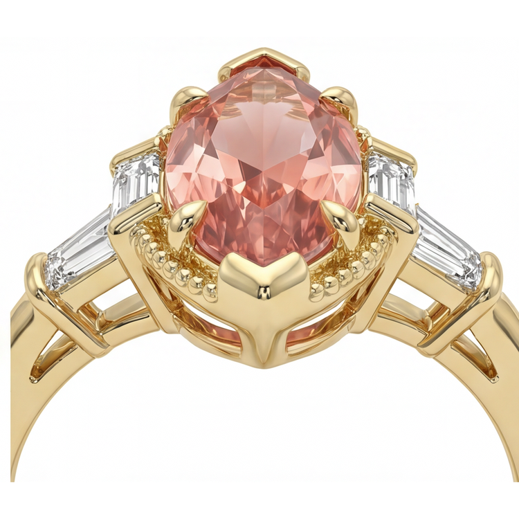 Bague Saphir Padparadscha de laboratoire de 4.1 Carats, taille Marquise et Baguettes Blanches, trois pierres, unie, Or Jaune 14K
