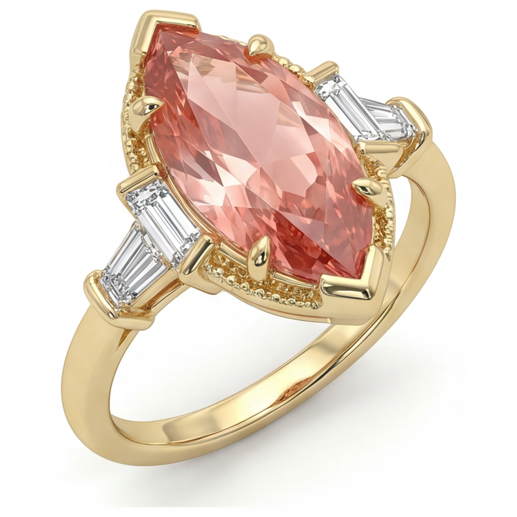 Bague Saphir Padparadscha de laboratoire de 4.1 Carats, taille Marquise et Baguettes Blanches, trois pierres, unie, Or Jaune 14K