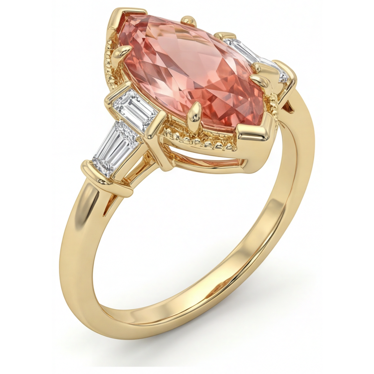 Bague Saphir Padparadscha de laboratoire de 4.1 Carats, taille Marquise et Baguettes Blanches, trois pierres, unie, Or Jaune 14K