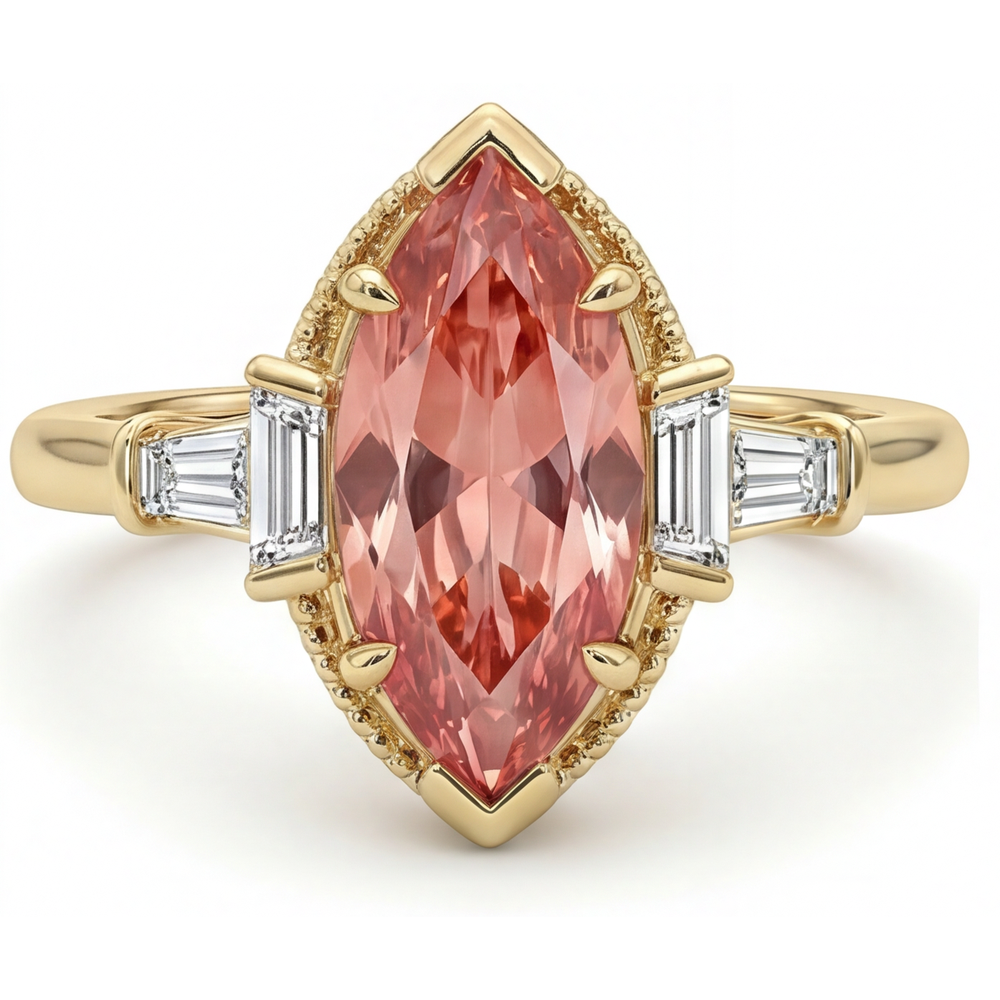 Bague Saphir Padparadscha de laboratoire de 4.1 Carats, taille Marquise et Baguettes Blanches, trois pierres, unie, Or Jaune 14K