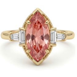 Bague Saphir Padparadscha de laboratoire de 4.1 Carats, taille Marquise et Baguettes Blanches, trois pierres, unie, Or Jaune 14K