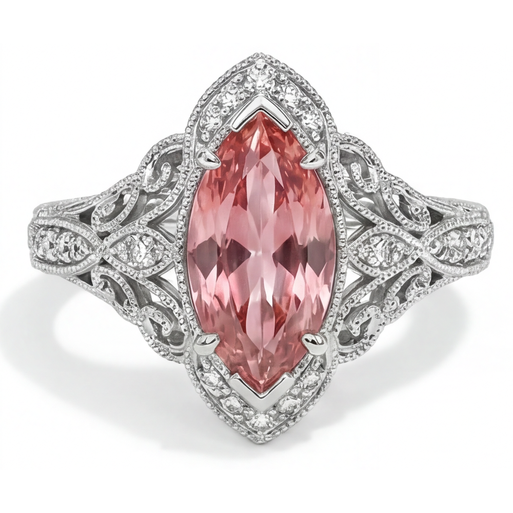 Bague Vintage Halo Saphir pêche Padparadscha de laboratoire taille marquise 3,8 carats en Or Blanc 14 carats