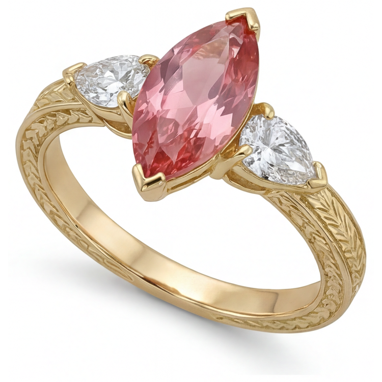 Bague trois pierres Or Jaune 14 Carats Saphir Padparadscha de laboratoire couleur pêche taille Marquise 4.1 Carats