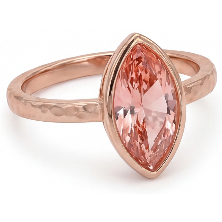 Bague Saphir Padparadscha de laboratoire 3,5 Carats Marquise sertie lunette Solitaire Or Rose 14K