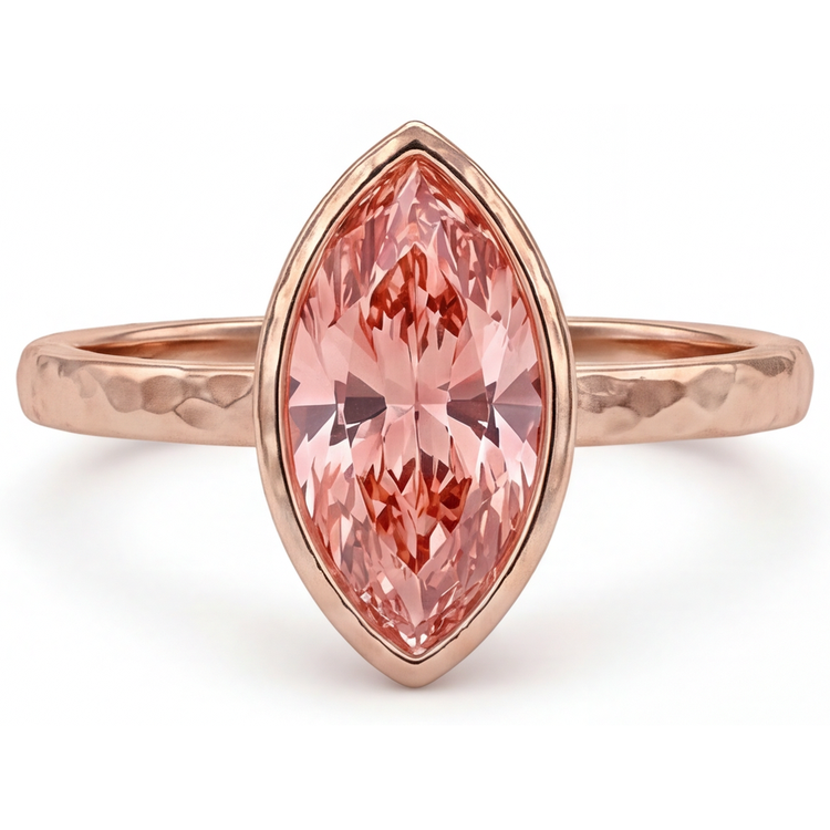 Bague Saphir Padparadscha de laboratoire 3,5 Carats Marquise sertie lunette Solitaire Or Rose 14K