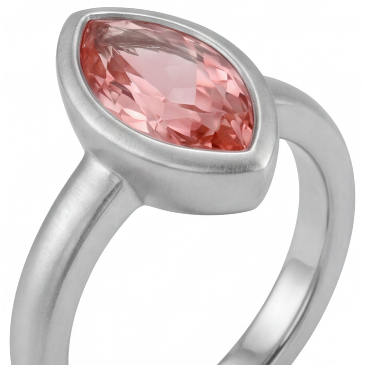 Bague Ancienne Or Blanc 14K Saphir Padparadscha 3,5 Carats de laboratoire Marquise Lunette Solitaire