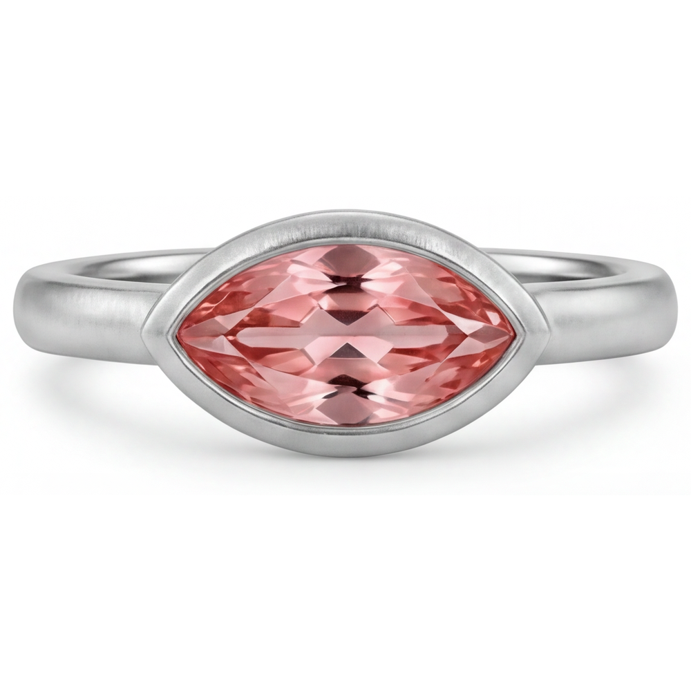 Bague Ancienne Or Blanc 14K Saphir Padparadscha 3,5 Carats de laboratoire Marquise Lunette Solitaire