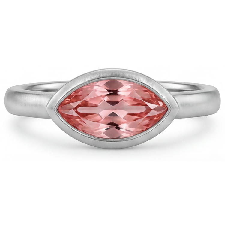 Bague Ancienne Or Blanc 14K Saphir Padparadscha 3,5 Carats de laboratoire Marquise Lunette Solitaire