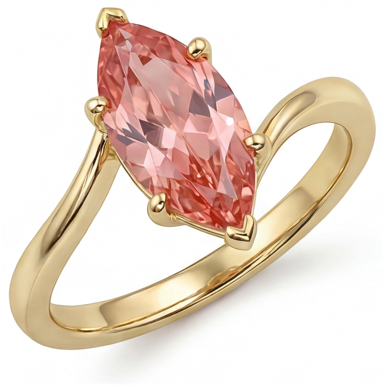 Bague Saphir Padparadscha de laboratoire 3,5 carats taille Marquise, monture croisée en Or Jaune 14 carats