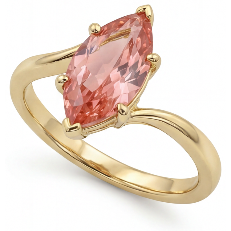 Bague Saphir Padparadscha de laboratoire 3,5 carats taille Marquise, monture croisée en Or Jaune 14 carats