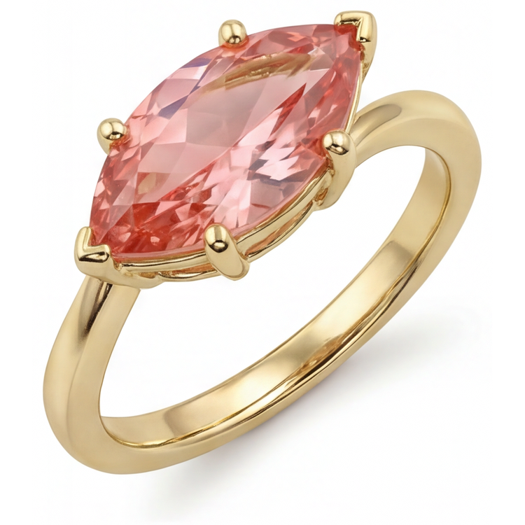 Bague Saphir Padparadscha de laboratoire 3,5 carats taille Marquise, monture croisée en Or Jaune 14 carats