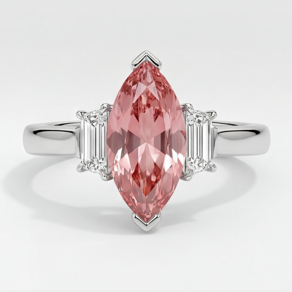Bague trois pierres en platine, véritable saphir padparadscha pêche taille marquise de 3,1 carats et baguettes blanches