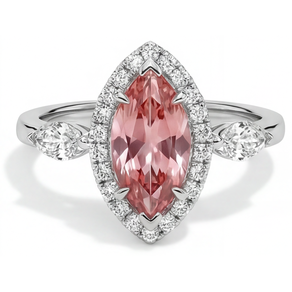 Bague Saphir Padparadscha Véritable 2,3 Carats Taille Marquise Halo Vintage en Or Blanc 14 Carats