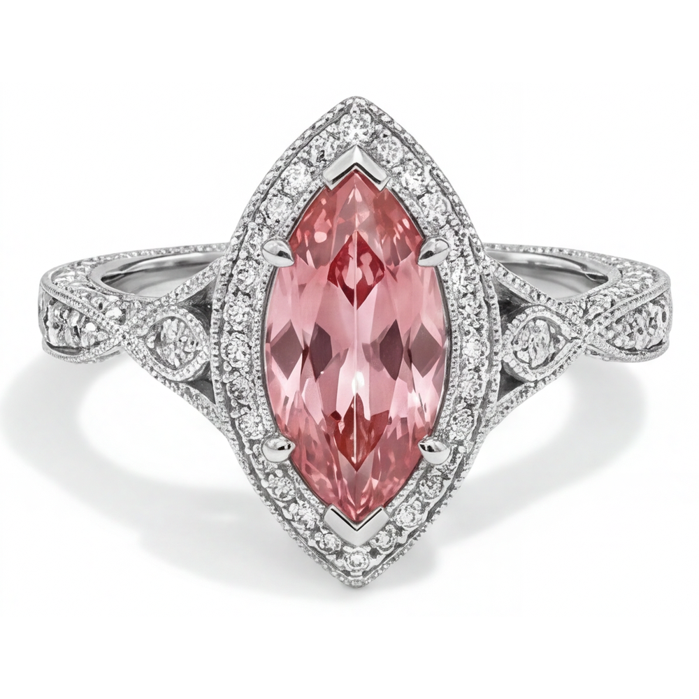 Bague en saphir padparadscha pêche véritable de 2,3 carats taille marquise, halo et anneau fendu en Or Blanc 14 carats
