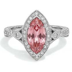Bague en saphir padparadscha pêche véritable de 2,3 carats taille marquise, halo et anneau fendu en Or Blanc 14 carats