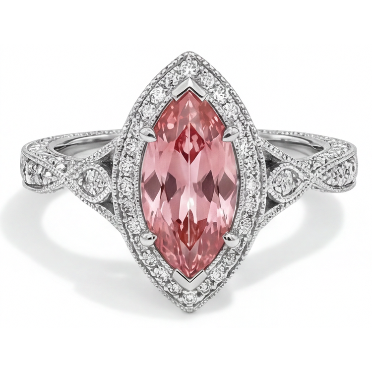 Bague en saphir padparadscha pêche véritable de 2,3 carats taille marquise, halo et anneau fendu en Or Blanc 14 carats