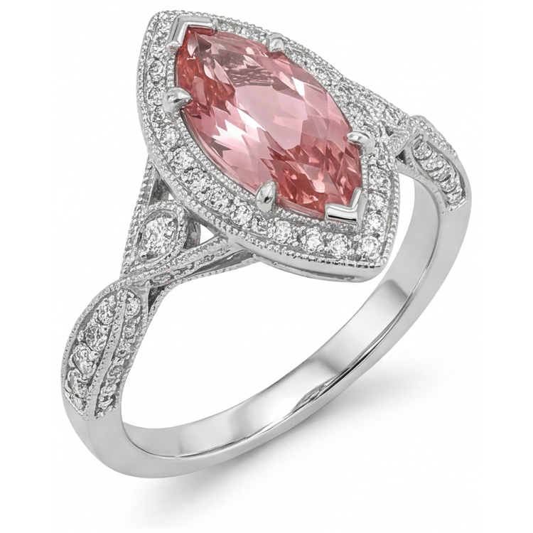 Bague en saphir padparadscha pêche véritable de 2,3 carats taille marquise, halo et anneau fendu en Or Blanc 14 carats