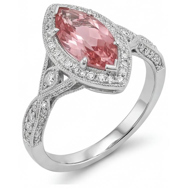 Bague en Or Blanc 14 Carats, Véritable Saphir Padparadscha Pêche Taille Marquise 2,3 Carats, Halo et Corps Fendu