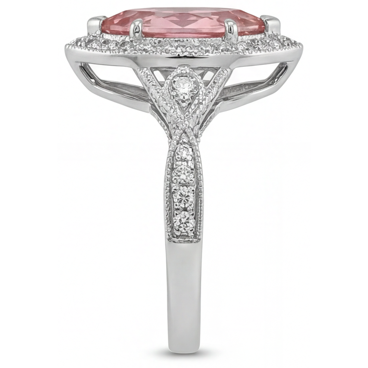 Bague en saphir padparadscha pêche véritable de 2,3 carats taille marquise, halo et anneau fendu en Or Blanc 14 carats