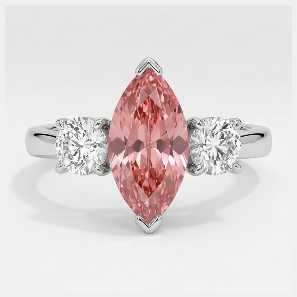 Bague trois pierres en platine avec saphir Padparadscha véritable taille marquise de 3,1 carats