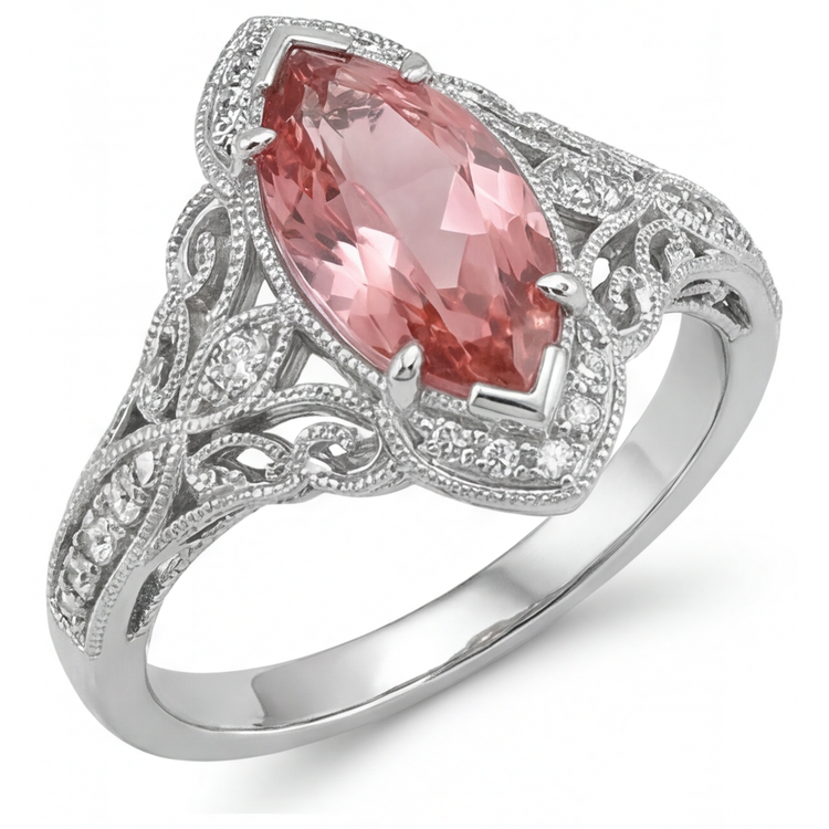 Bague Halo à corps fendu en Or Blanc 14 carats avec saphir Padparadscha véritable taille marquise couleur pêche 2,3 carats