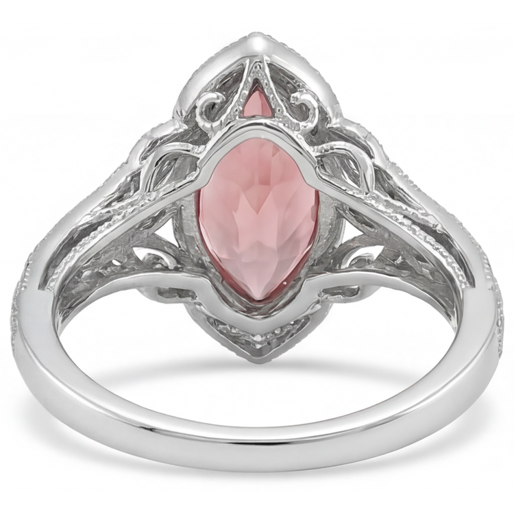 Bague Halo à corps fendu en Or Blanc 14 carats avec saphir Padparadscha véritable taille marquise couleur pêche 2,3 carats