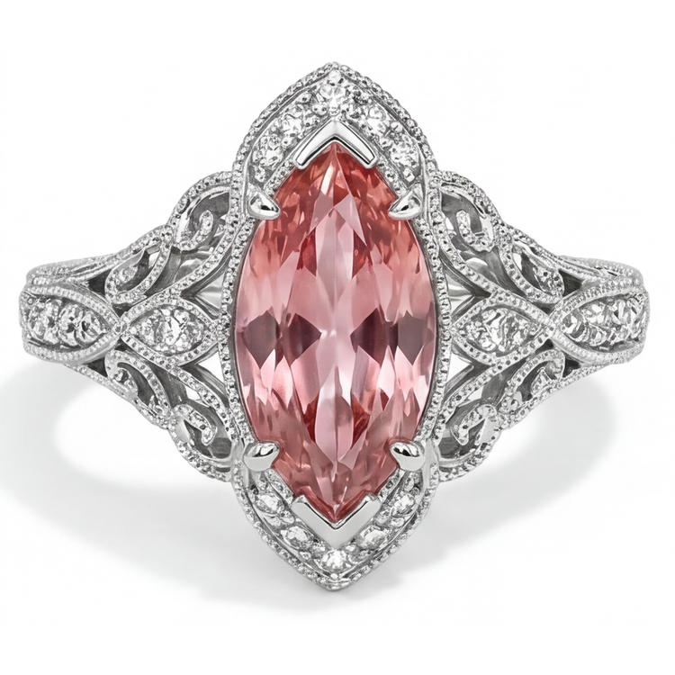 Bague Halo à corps fendu en Or Blanc 14 carats avec saphir Padparadscha véritable taille marquise couleur pêche 2,3 carats