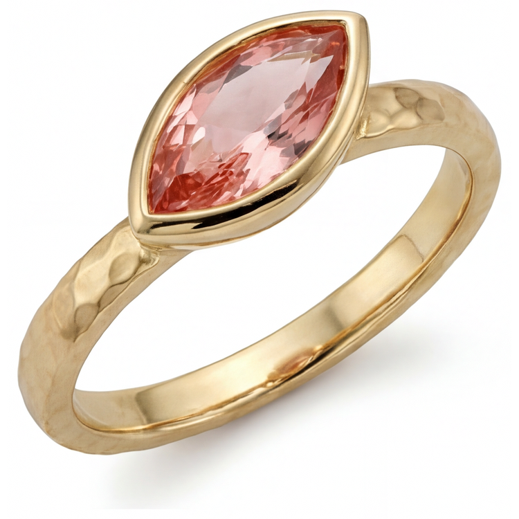Bague de Fiançailles Solitaire Saphir Padparadscha Pêche Naturel 2 Carats Marquise Lunette en Or Jaune 14K