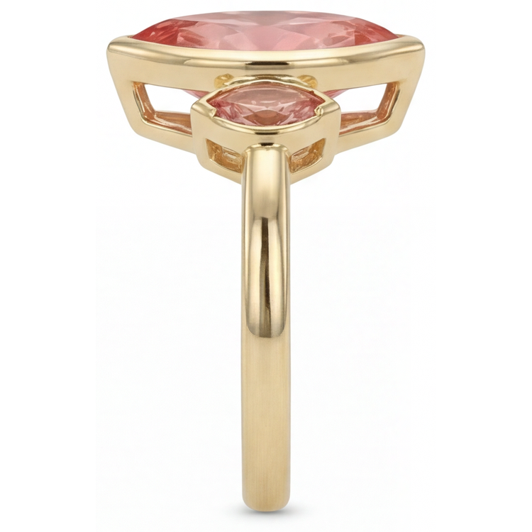 Bague de Fiançailles Trois Pierres en Or Jaune 14 Carats avec Véritable Saphir Pêche Padparadscha 3 Carats Taille Marquise, Lunette