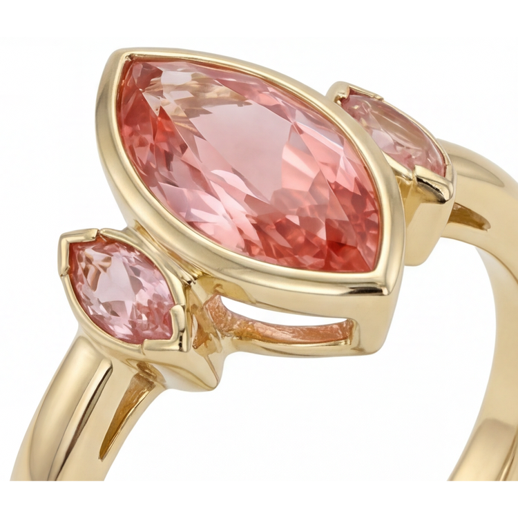 Bague de Fiançailles Trois Pierres en Or Jaune 14 Carats avec Véritable Saphir Pêche Padparadscha 3 Carats Taille Marquise, Lunette