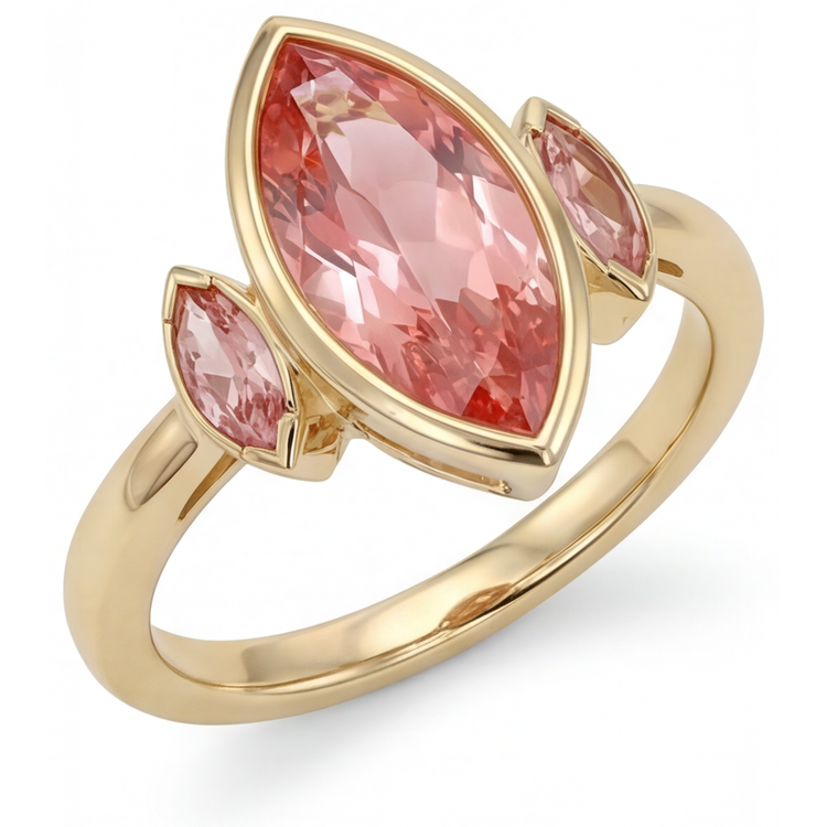 Bague de Fiançailles Trois Pierres en Or Jaune 14 Carats avec Véritable Saphir Pêche Padparadscha 3 Carats Taille Marquise, Lunette