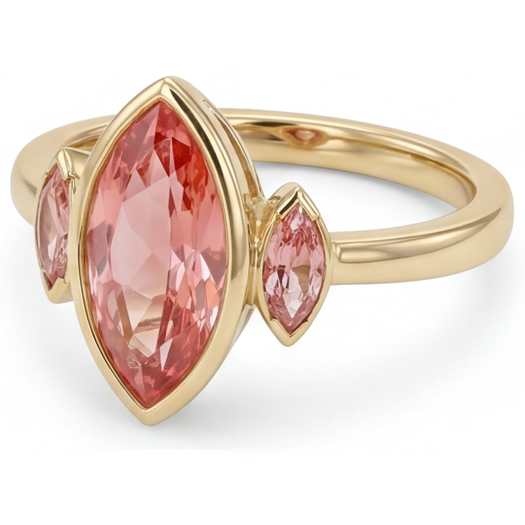 Bague de Fiançailles Trois Pierres en Or Jaune 14 Carats avec Véritable Saphir Pêche Padparadscha 3 Carats Taille Marquise, Lunette