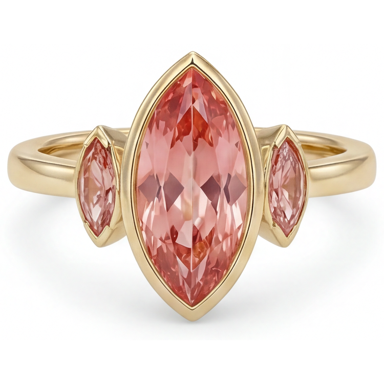 Bague de Fiançailles Trois Pierres en Or Jaune 14 Carats avec Véritable Saphir Pêche Padparadscha 3 Carats Taille Marquise, Lunette
