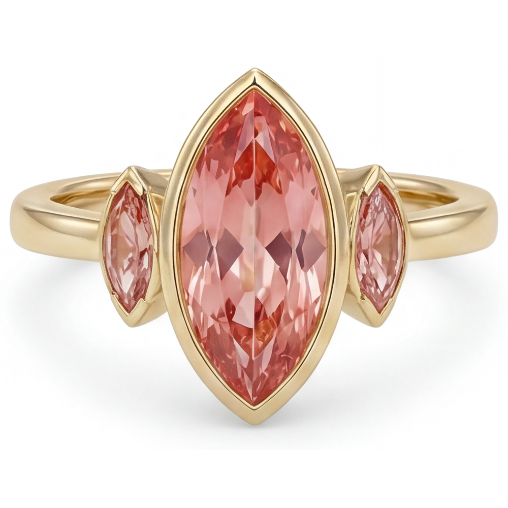 Bague de Fiançailles Trois Pierres en Or Jaune 14 Carats avec Véritable Saphir Pêche Padparadscha 3 Carats Taille Marquise, Lunette