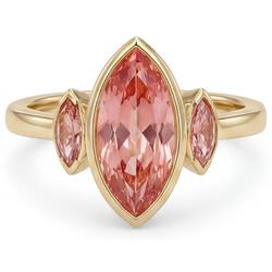 Bague de Fiançailles Trois Pierres en Or Jaune 14 Carats avec Véritable Saphir Pêche Padparadscha 3 Carats Taille Marquise, Lunette
