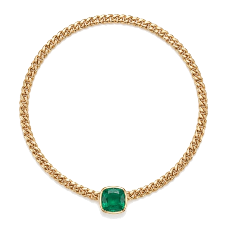 Collier coulissant maille cubaine Miami en or avec émeraude taille coussin 8 carats