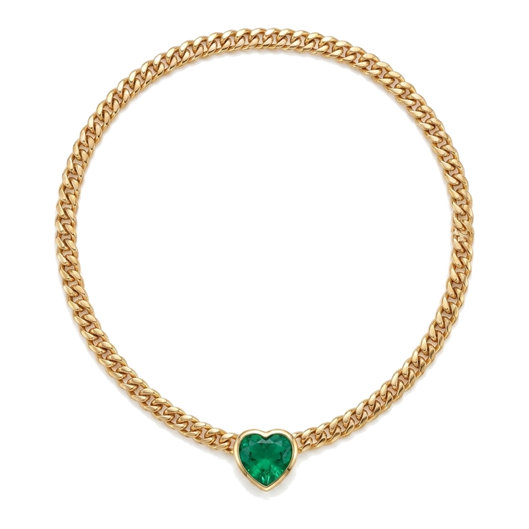 Collier maille cubaine Miami avec pendentif coulissant cœur en émeraude 6 carats en or