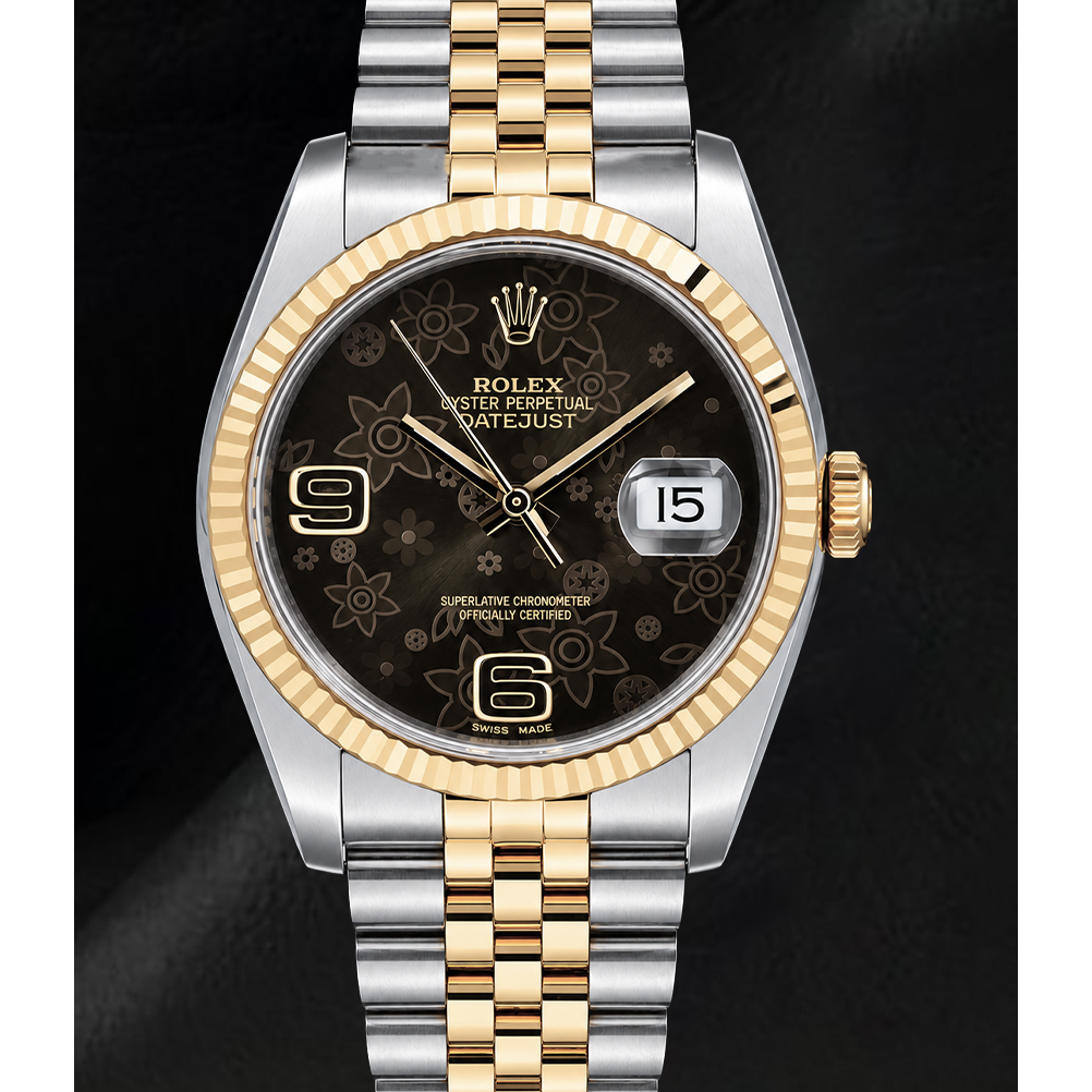Montre Rolex 116233 Datejust 36 mm bicolore cadran floral marron à chiffres arabes